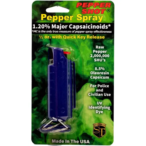Pepper Shot 1.2% MC 1/2 oz pepper spray hard case belt clip and quick release keychain blue