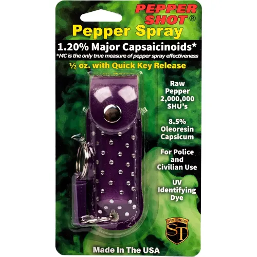 Pepper Shot 1.2% MC 1/2 oz rhinestone leatherette holster and quick release keychain purple