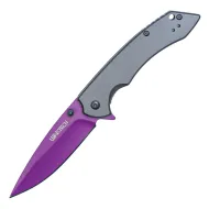 Assisted Open Folding Pocket Knife with Grey handle and Purple Blade