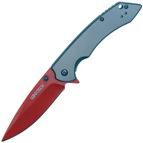 Assisted Open Folding Pocket Knife with Grey handle and Red Blade