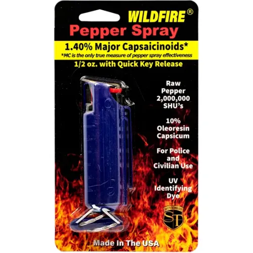 Wildfire 1.4% MC 1/2 oz pepper spray hard case with quick release keychain blue